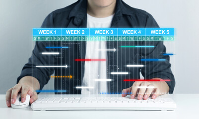 Personnel development plans and preparation of action plans. Businessmen display virtual screens to...