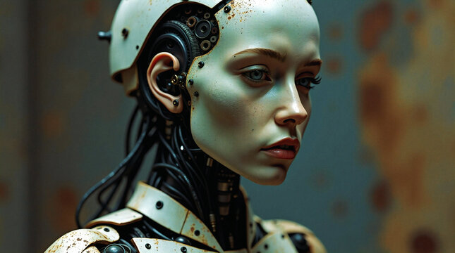 Hyper-realistic portrait merges outdated female android old synthetic skin with rusty mechanical components, capturing the delicate balance between human emotion and obsolescent robotic sadness.