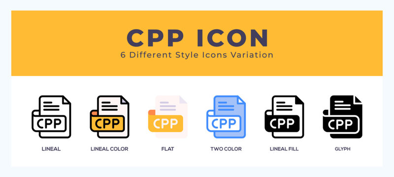 Cpp file set of icons. Vector illustration with different styles.