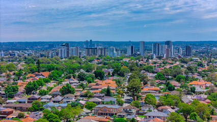Panoramic aerial drone view of western Sydney Suburbs of Canterbury Burwood Ashfield Marrickville...