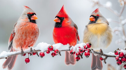 Fototapeta premium Colorful Cardinals Perched on a Snowy Branch With Red Berries During a Winter Day in Nature