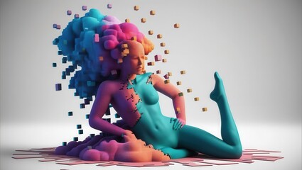 Obraz premium A vibrant, abstract figure with colorful, fragmented elements, representing a blend of art and digital creativity in a surreal setting.