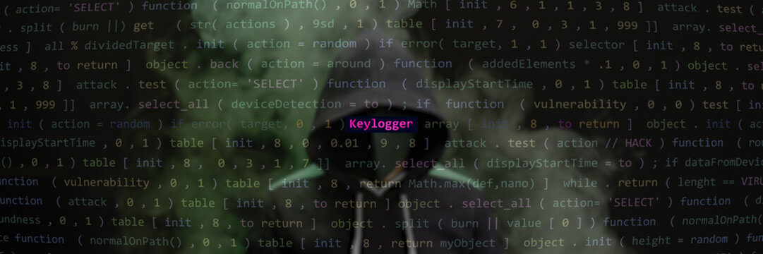 Cyber attack keylogger text in foreground screen, Anonymous hacker hidden with hoodie in the blurred background. Vulnerability text in binary system ascii art style, code on editor screen.