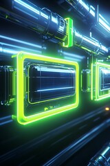Obraz premium Futuristic Neon Tubes and Panels Illuminating a Modern Technology Scene with Bright Colors and Glowing Effects in a Dark Environment