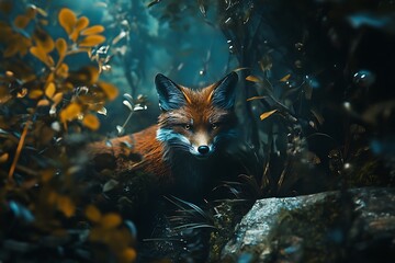 A serene fox resting in a lush, vibrant forest environment.