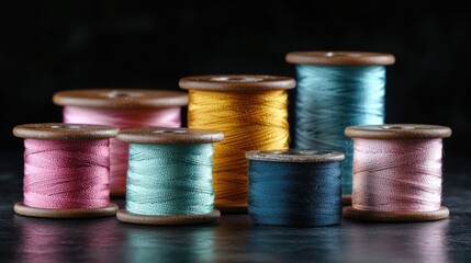 Vintage pastel sewing thread bobbins in various colors arranged on a dark backdrop, highlighting...