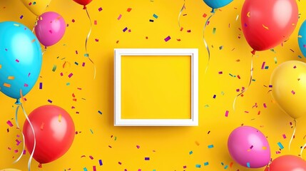 Bright yellow background with a white square frame, surrounded by colorful balloons and vibrant confetti, ideal for cheerful birthday invitations and party decor.