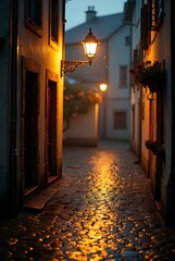 Obraz premium Wet cobbled deserted street in the light of lanterns with reflections on wet paving stones among old buildings and rain . Romantic urban atmosphere of a rainy evening.