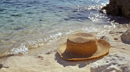 A straw hat lying on sunlit sand by the shimmering water, capturing a serene beach moment with gentle waves lapping nearby.