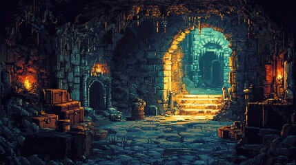 Dark and Mysterious Dungeon Interior with Flickering Torches, Stone Walls, and Dusty Steps in Atmospheric Pixel Art Style Suitable for Fantasy Themes