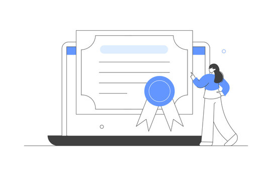 Educational and Online education concept. Character studying online, receiving graduation diploma on laptop. Flat Cartoon Vector Illustration, icon. Stylish Abstract