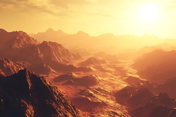 Fototapeta premium A serene landscape at sunset, showcasing rugged mountains and a warm, glowing atmosphere.