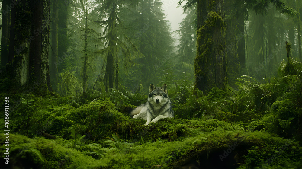 Aufkleber a serene forest scene featuring a wolf resting among lush green moss and towering trees in a misty a