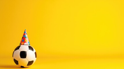 Colorful birthday banner for children featuring a soccer ball with a festive party hat on a vibrant yellow background, designed for personalized text.