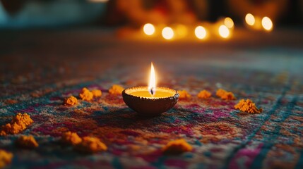 Candle and diya illuminating a vibrant carpet adorned with festive cultural elements, surrounded by soft bokeh and scattered flower petals.