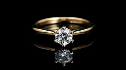 Yellow gold solitaire engagement ring with a brilliant round diamond set on a sleek black background, highlighting the ring's elegance and shine.