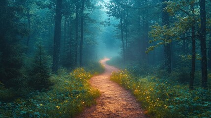 Obraz premium A misty forest trail surrounded by towering trees, with soft fog creating a mysterious and serene atmosphere. emphasizing the depth, texture, and ethereal light of this enchanting woodland scene. 