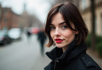 Obraz premium Portrait of a pretty woman with red lipstick in a black coat