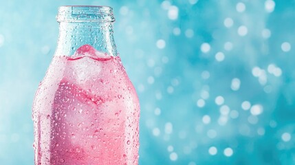 Chilled pink beverage in a glass bottle features shimmering condensation, set against a vibrant blue backdrop with soft bokeh effects, creating a refreshing and inviting scene.