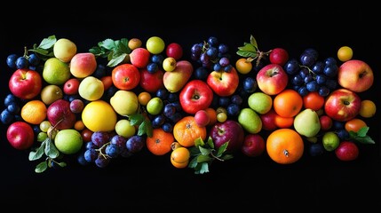 Obraz premium Vibrant assortment of various fruits including apples, oranges, lemons, and grapes arranged artfully on a dark backdrop, showcasing their rich colors and textures from an overhead perspective.