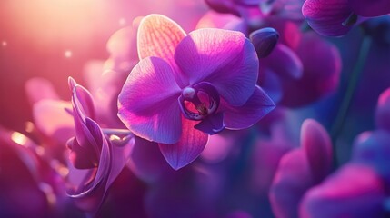 Obraz na płótnie Canvas Vibrant close-up of purple and pink orchid blooms radiating with soft, ethereal lighting, showcasing delicate petals and intricate details.