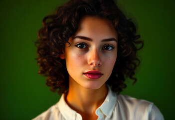 Fototapeta premium Portrait of a beautiful girl in white shirt and short curly hair