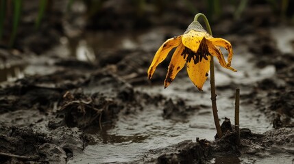 A wilted yellow flower struggling to survive in muddy, challenging terrain, showcasing resilience despite harsh conditions.