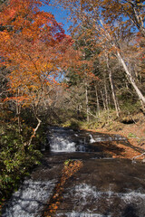 北海道の恵庭にあるラルマナイ滝と紅葉　恵庭峡谷