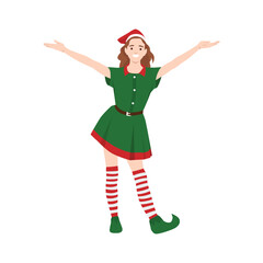 Young Beautiful woman in costume of Elf, Lady Santa Helper raising hands in the air happy. Flat vector illustration isolated on white background