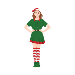 Young Beautiful woman in costume of Elf, Lady Santa Helper hands on hips. Flat vector illustration isolated on white background