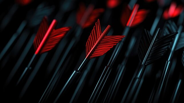 Group of black arrows with a prominent red arrow representing individuality, decision-making, and innovative leadership in a striking visual contrast.