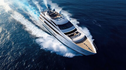 Aerial perspective of a sleek luxury yacht cruising through vibrant deep blue waters, leaving a dynamic frothy white wake in its trail against a shimmering ocean backdrop.