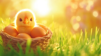 Charming Scene of a Small Yellow Chick Among Brown Eggs in a Natural Basket on a Lush Green Field Under Warm Spring Light