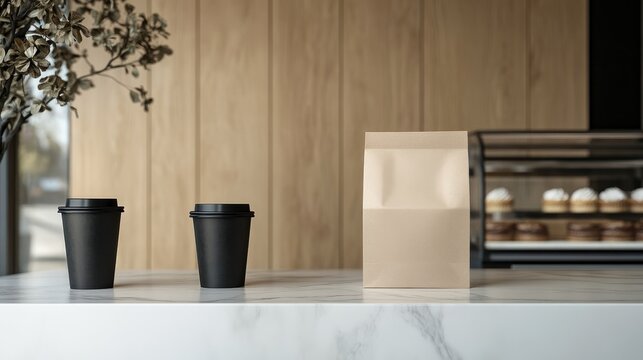 Black coffee cups and a kraft paper bag arranged on a marble counter, showcasing sleek takeaway options in a modern cafe environment.