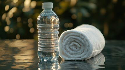 Cool water bottle beside a neatly rolled white towel, ideal for fitness enthusiasts focused on a healthy lifestyle, set against a soft bokeh background.