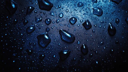 Macro view of water droplets on a deep blue surface highlighting reflective textures and intricate patterns in a wet environment.