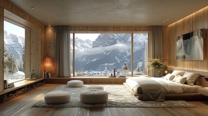 Modern minimalistic bedroom with wooden accents and large window.