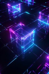 Obraz premium Vibrant Neon Light Cubes on a Reflective Surface Creating a Futuristic Atmosphere with Glowing Effects in Dark Surroundings