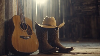 Acoustic guitar beside cowboy hat and leather boots on a weathered wooden background, creating a rustic and spacious setting ideal for text or branding applications.