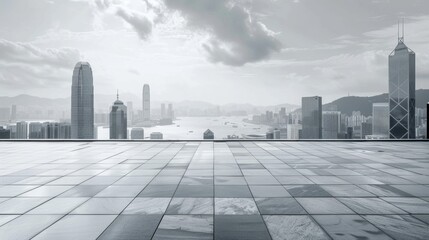 Fototapeta premium Empty square floor with city skyline background, Downtown Dreams cityscape photography, nighttime lighting