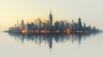 Obraz premium New York City skyline at night with illuminated skyscrapers on an isolated white background.