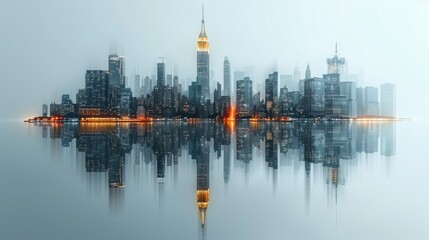 Naklejka premium New York City skyline at night with illuminated skyscrapers on an isolated white background.