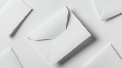 Obraz premium White envelope containing blank paper, surrounded by additional envelopes on a clean white background, ideal for stationery or communication themes.
