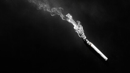 Cigarette with smoke drifting above against a black background symbolizing anti-smoking campaigns and tobacco cessation efforts.