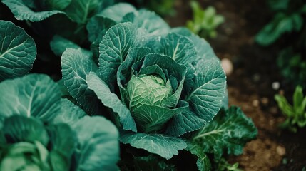 Obraz premium Close-up view of vibrant green cabbage leaves flourishing in a garden, emphasizing organic farming practices and fresh, healthy produce.