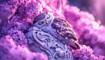 Obraz premium A garden of lilacs with a sleeping owl perched on an ancient, crumbling statue, The owl is surrounded by softly glowing lilac blooms.