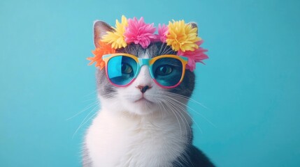 Stylish cat adorned with a floral headband and vibrant sunglasses, set against a blue background, radiating playful summer vibes and a diva attitude.