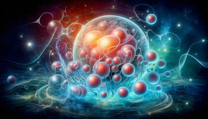 Abstract 3D visualization of biological cells, glowing in vibrant blue and red hues against a cosmic background