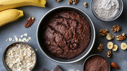 Chocolate banana bread with walnuts in a metal tin, surrounded by bananas, oats, flour, and cocoa powder on a soft grey backdrop with artistic lighting.
