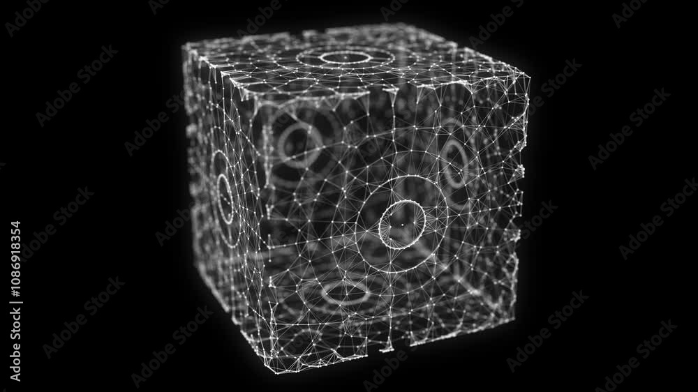 Poster Space futuristic cube. Network connection structure cyberspace with moving particles and lines. Blockchain white cube. Big data visualization. Abstract cyber security background. 3D rendering.
